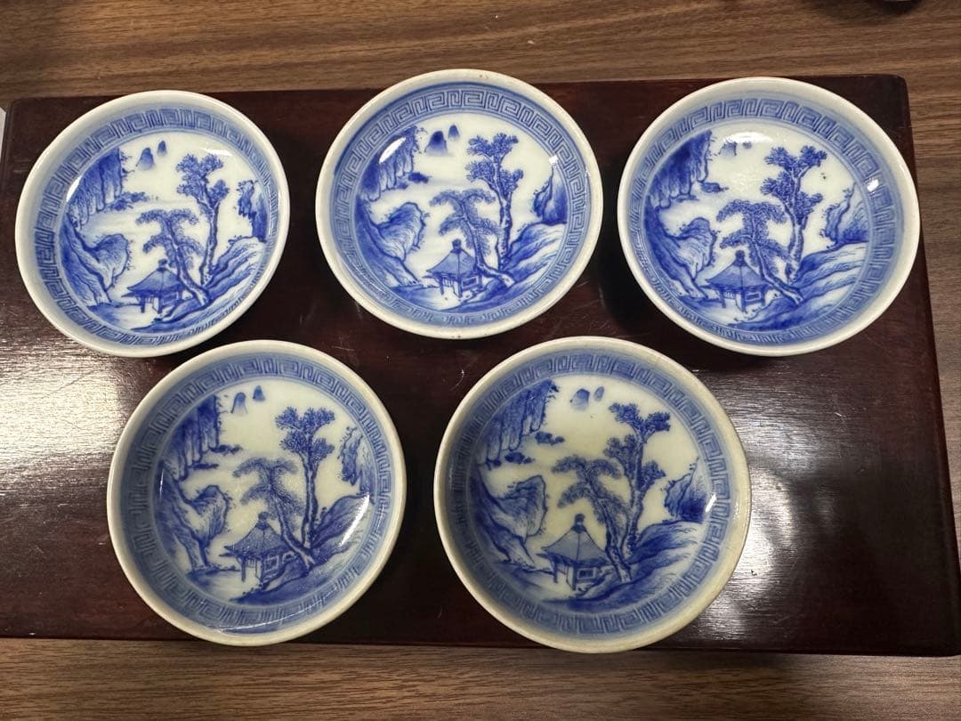 青白磁 風景画 陶器皿 茶碗　5客セット