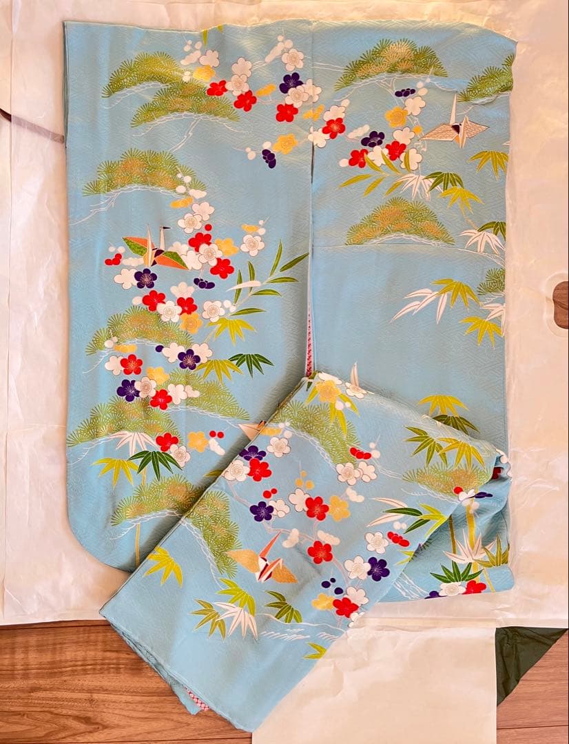 高島屋誂え　千總　四つ身　正絹　子供着物　比翼　刺繍　パールトーン加工　七五三