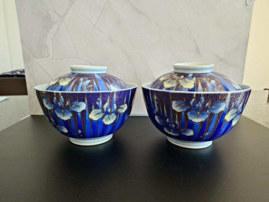 深川製磁　飯碗　蓋付き　金彩あやめ飯碗　2個　工芸品