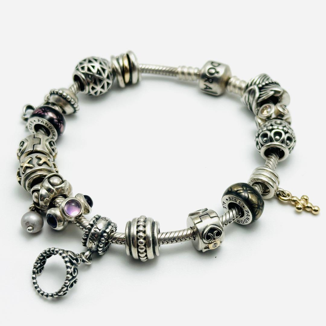 PANDORA シルバーブレスレット　チャーム16個付き　ティアラ　クロス