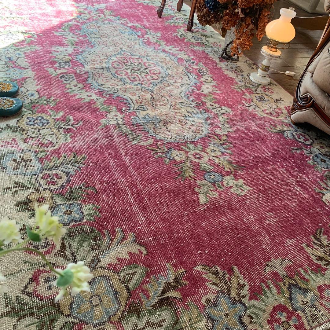 超大判　ローズピンク　259×150 トルコヴィンテージラグ　ボタニカル