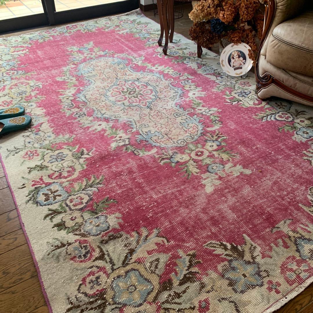 超大判　ローズピンク　259×150 トルコヴィンテージラグ　ボタニカル