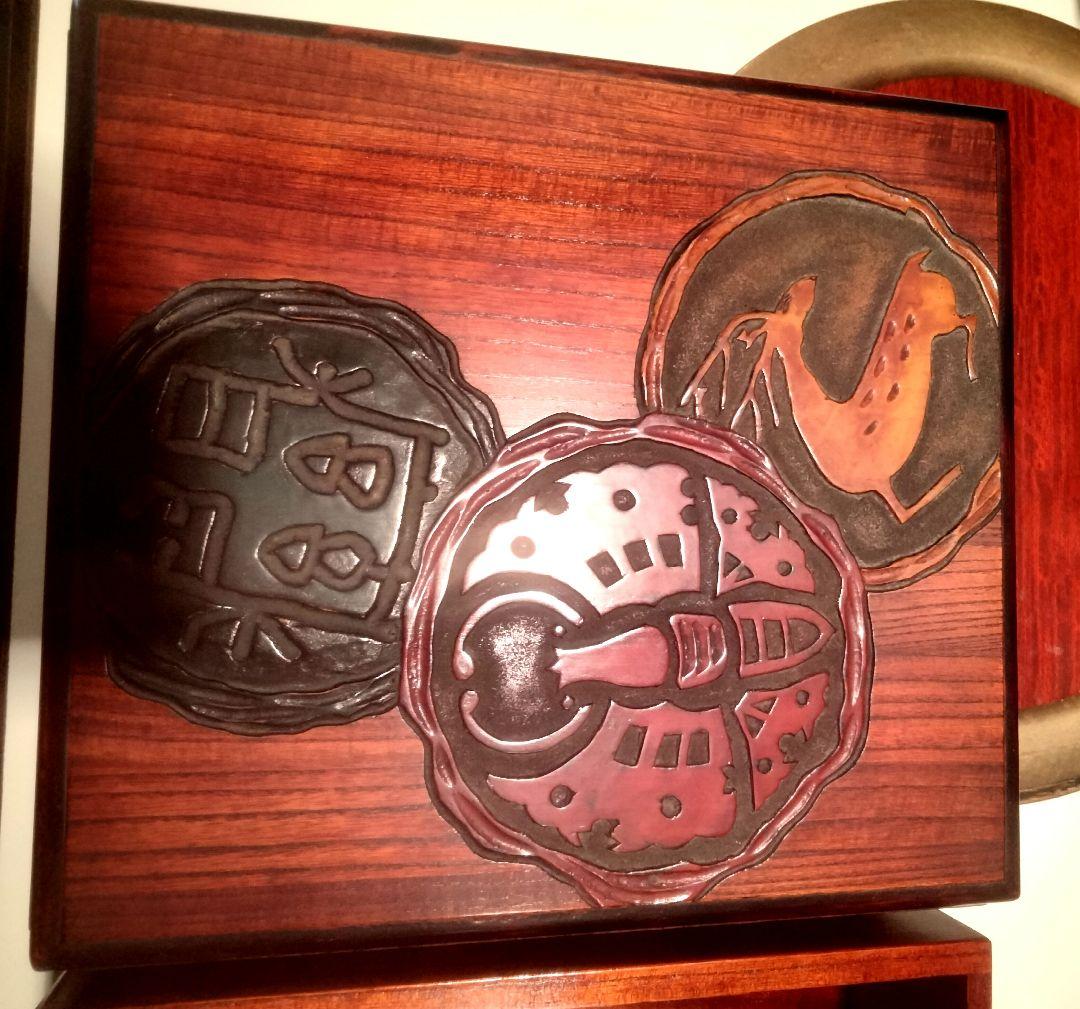 岡山　烏城彫　書籍箱　古瓦　美品