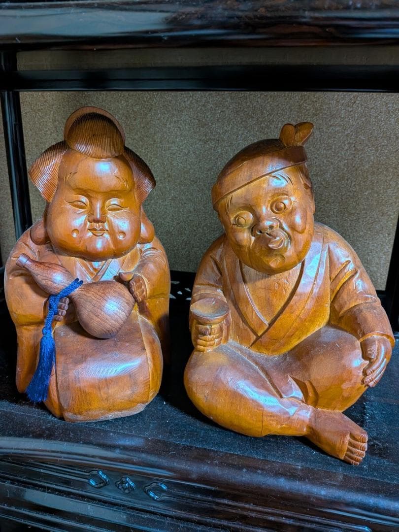 木彫りおかめひょっとこ置物オブジェ彫刻縁起物オカメ火男