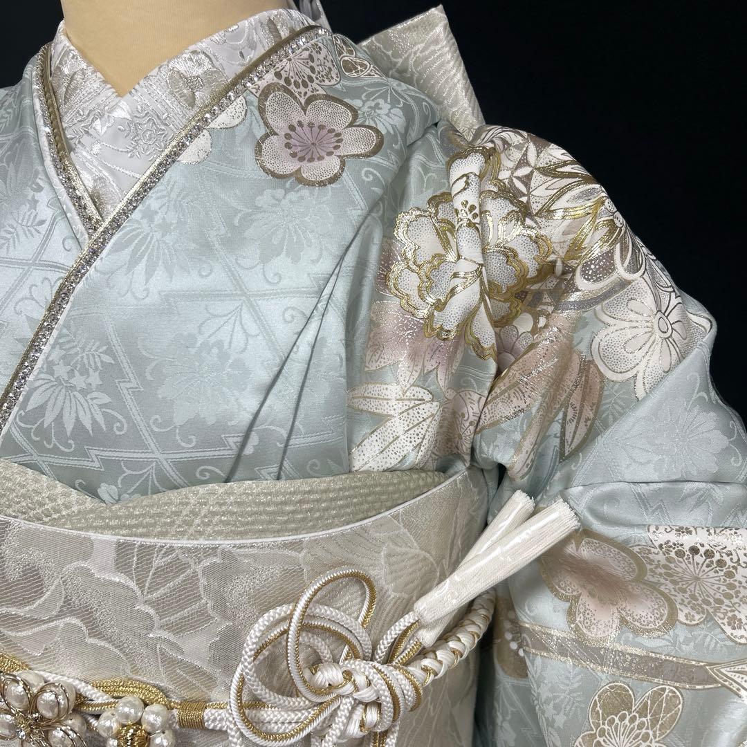 水色の上品な金彩銀彩の牡丹や手毬の振袖フルセット