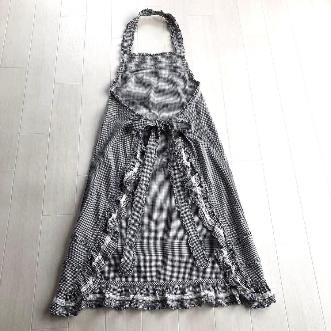 ピンクハウス 白×黒 チェック柄 ピンタック ピコフリル エプロン タブリエ