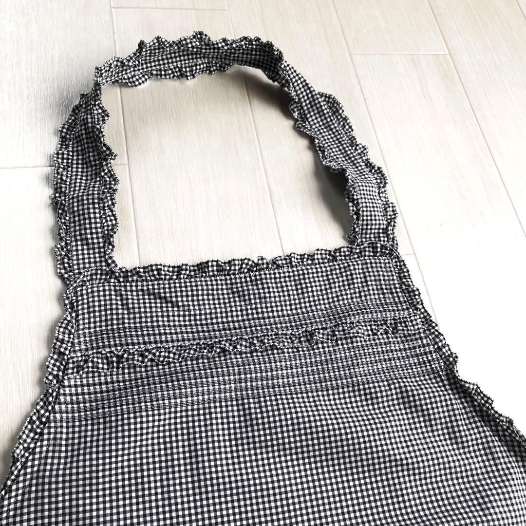 ピンクハウス 白×黒 チェック柄 ピンタック ピコフリル エプロン タブリエ