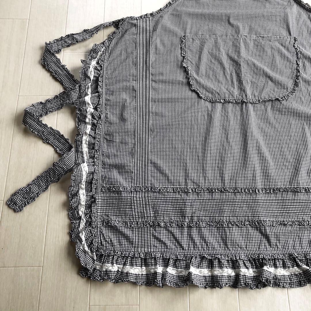 ピンクハウス 白×黒 チェック柄 ピンタック ピコフリル エプロン タブリエ