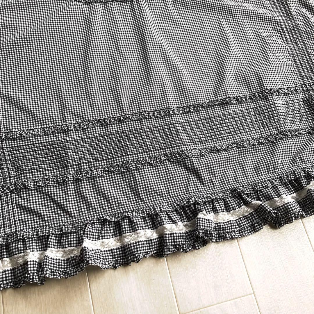 ピンクハウス 白×黒 チェック柄 ピンタック ピコフリル エプロン タブリエ