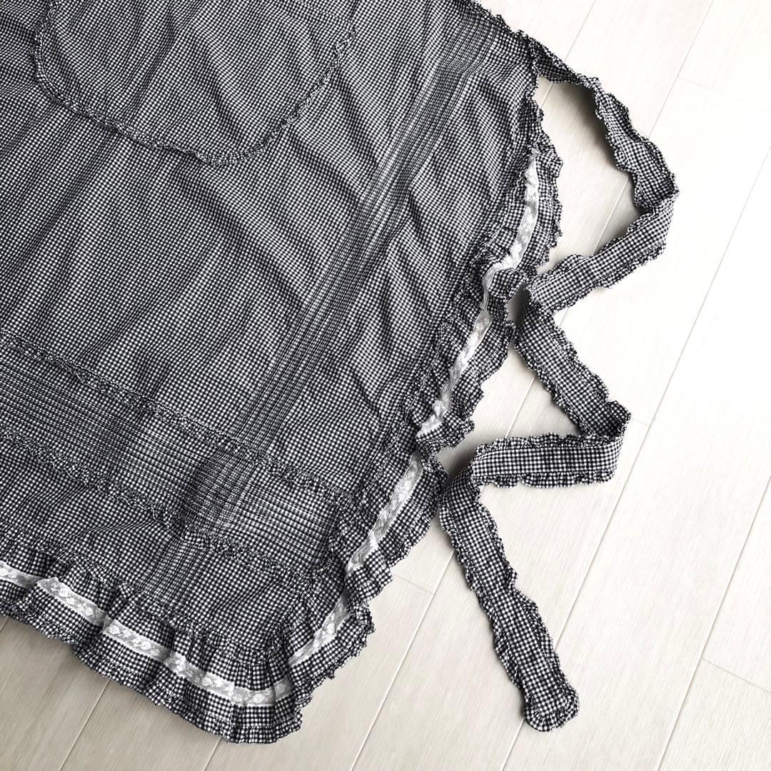ピンクハウス 白×黒 チェック柄 ピンタック ピコフリル エプロン タブリエ