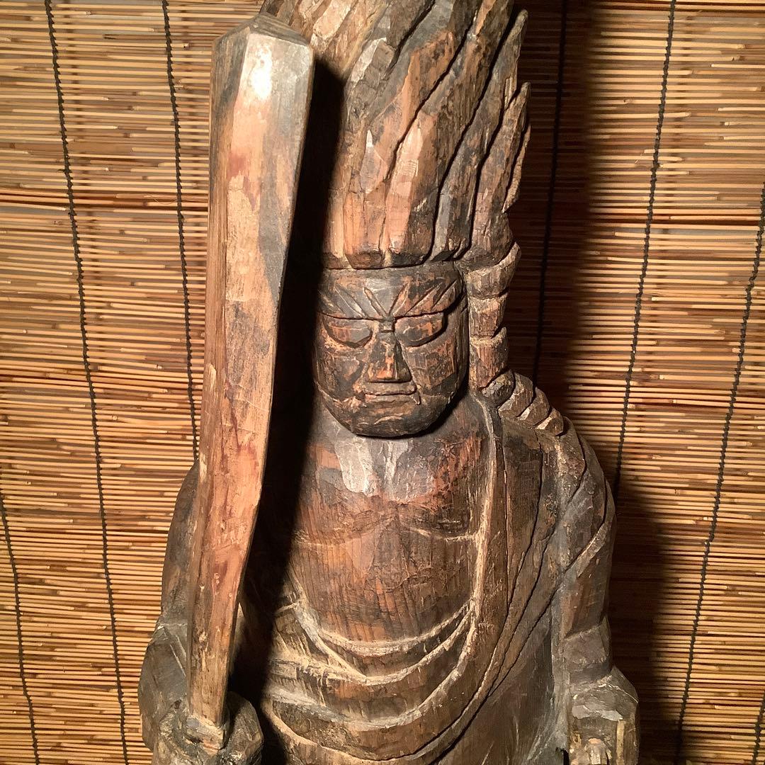 江戸期・密教護法善神「憤怒・炎髪不動明王」不動信仰・神仏守護神・特大木彫