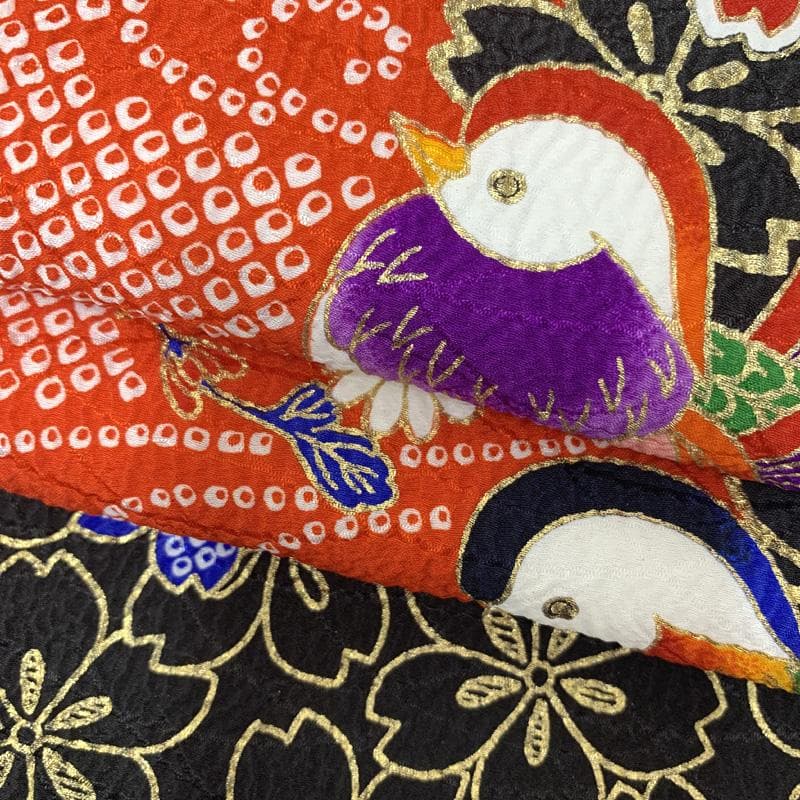 504ag67□七五三 七歳 女児 着物&袋帯 総絞り風 金彩 鴛鴦□状態良好