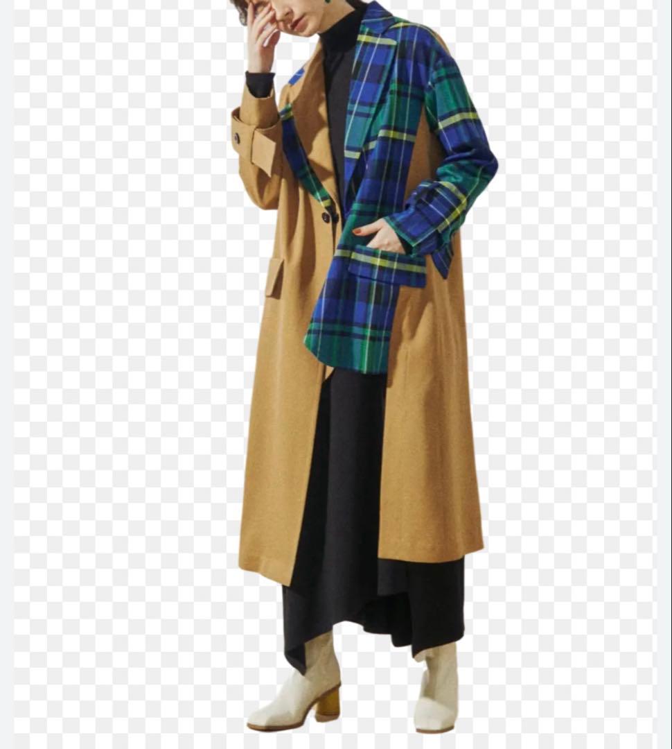 未使用級　アンスリード パターンドッキングコート チェック ベージュ