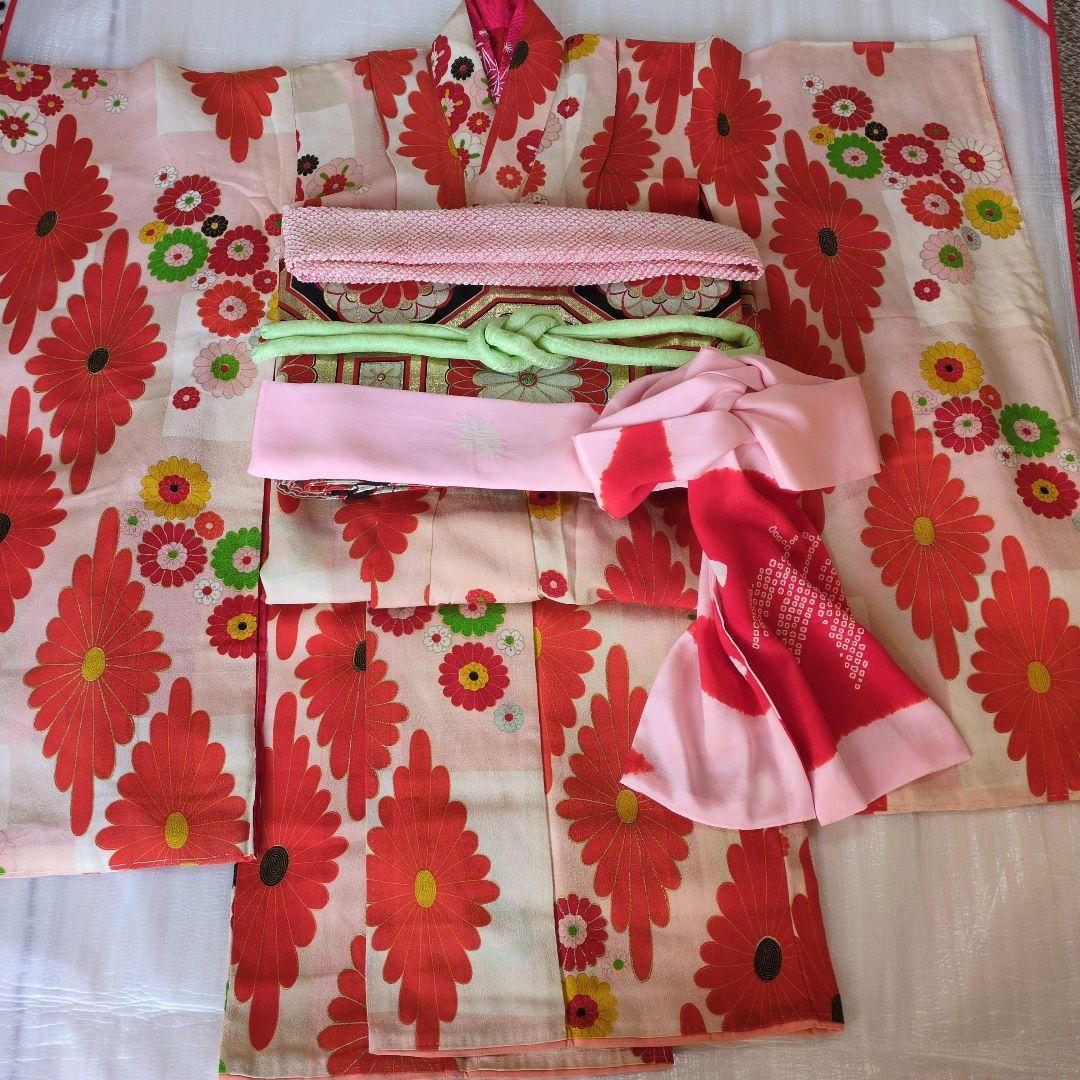 七五三７歳アンティーク着物と丸帯、帯揚げ帯締めしごき（長襦袢付き）