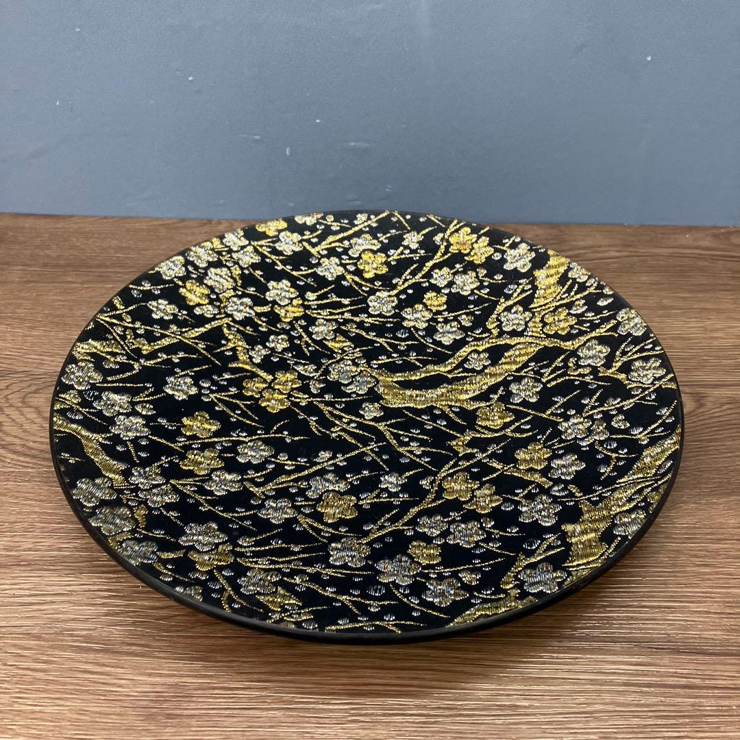 E-1 極美品 ぎやまん 金銀糸 金彩 桜文様刺繍 ガラスプレート 飾り皿 大皿