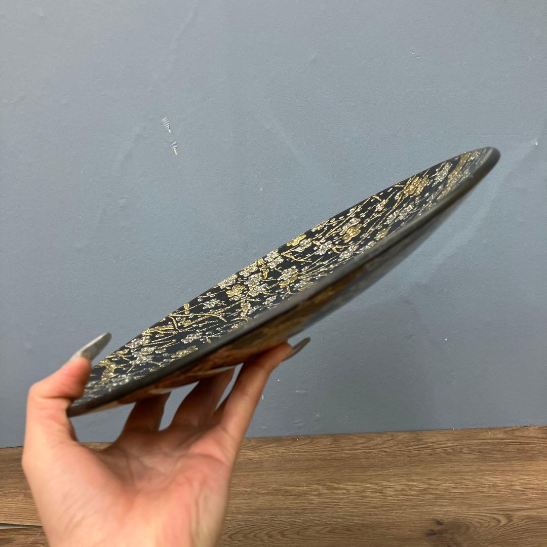 E-1 極美品 ぎやまん 金銀糸 金彩 桜文様刺繍 ガラスプレート 飾り皿 大皿