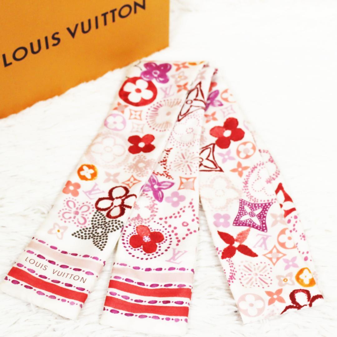 極美品 ルイヴィトン スカーフ バンドー モノグラム ホワイト レッド ピンク