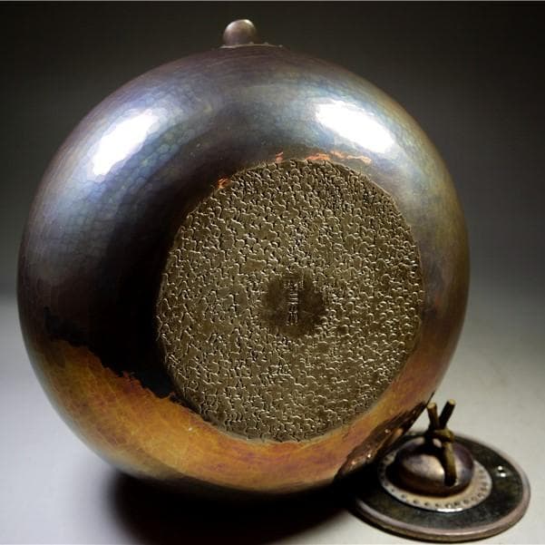 純銀製 三木造 槌目砲口 虹色 平寶珠形湯沸 箱付 銀瓶 煎茶道具 純銀保証