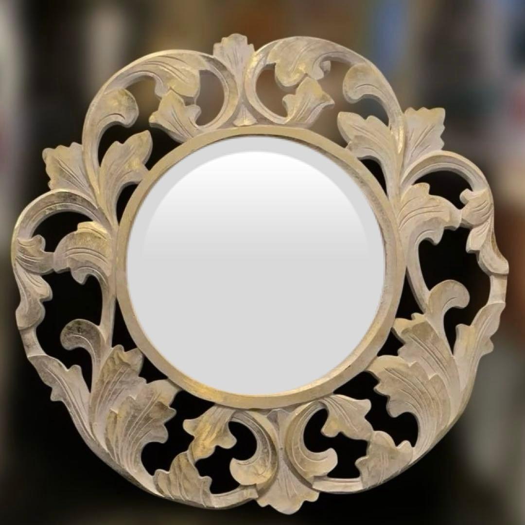 木製装飾フレーム付 ウォールミラー ホワイト