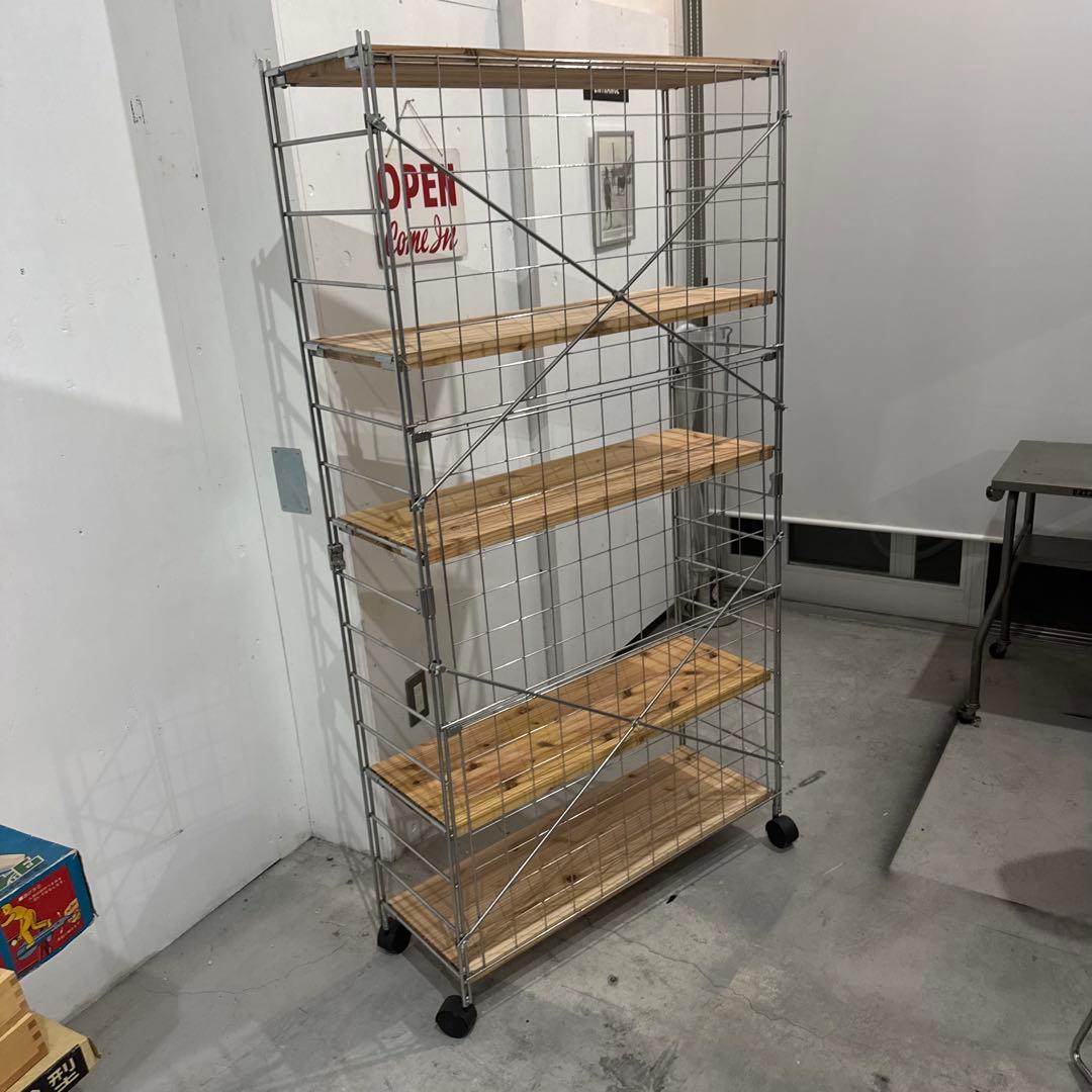 インダストリアル スチールラック 木製棚 キャスター付き／店舗什器 5段