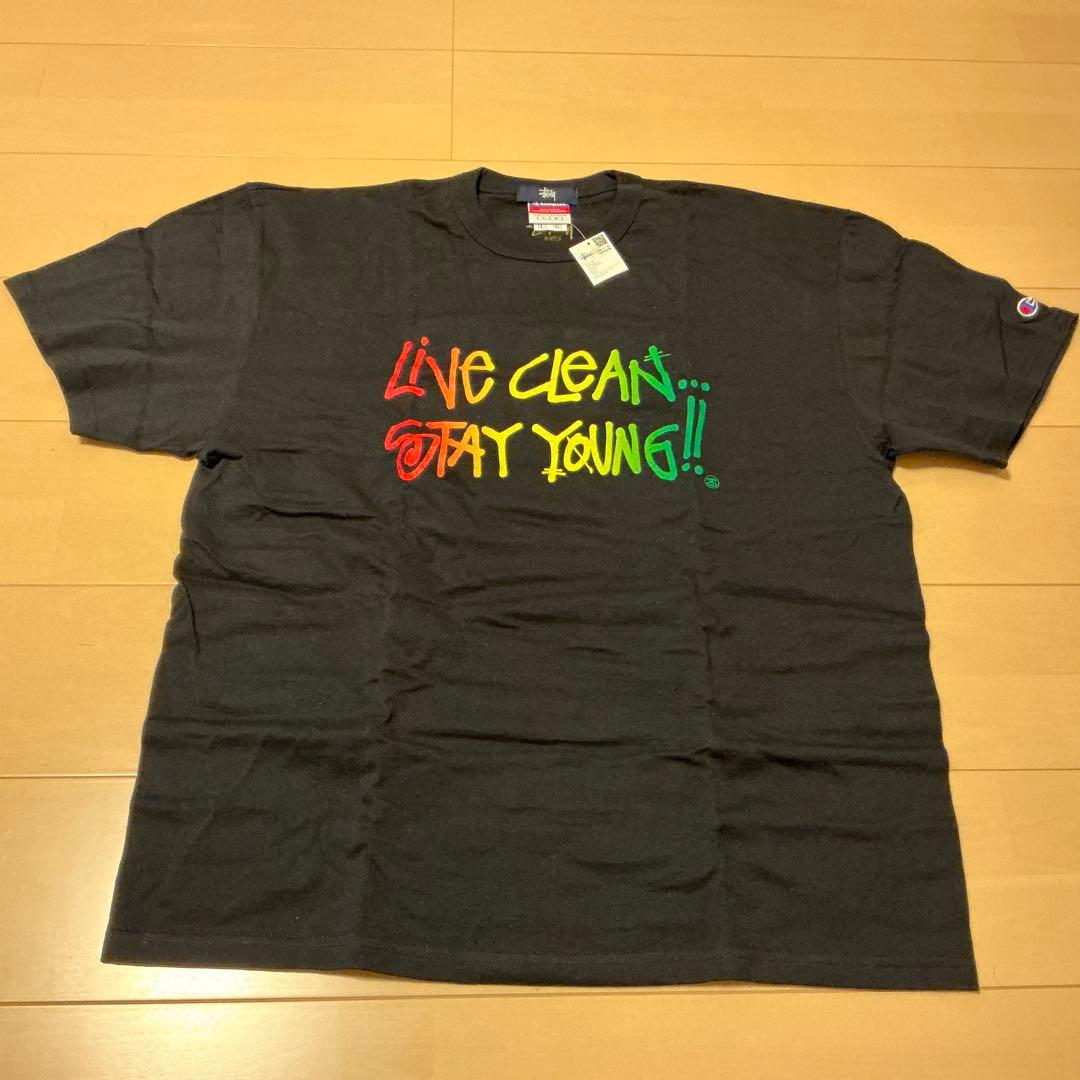 新品00s OLD STUSSY ChampionコラボT LIVE CLEAN