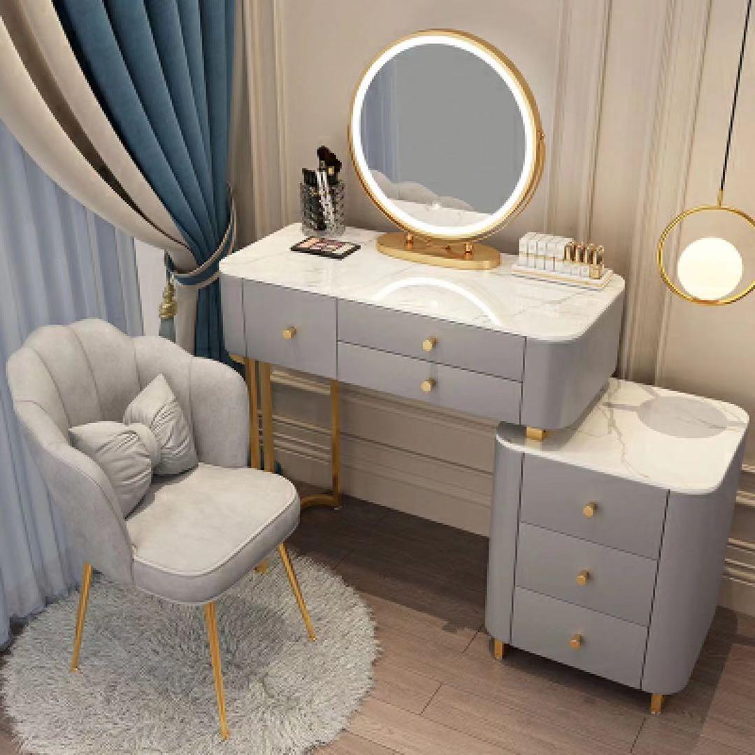 北欧風  100cmオシャレドレッサーレザー調 大理石天板 LEDミラー