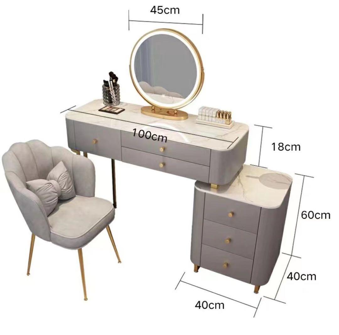 北欧風  100cmオシャレドレッサーレザー調 大理石天板 LEDミラー