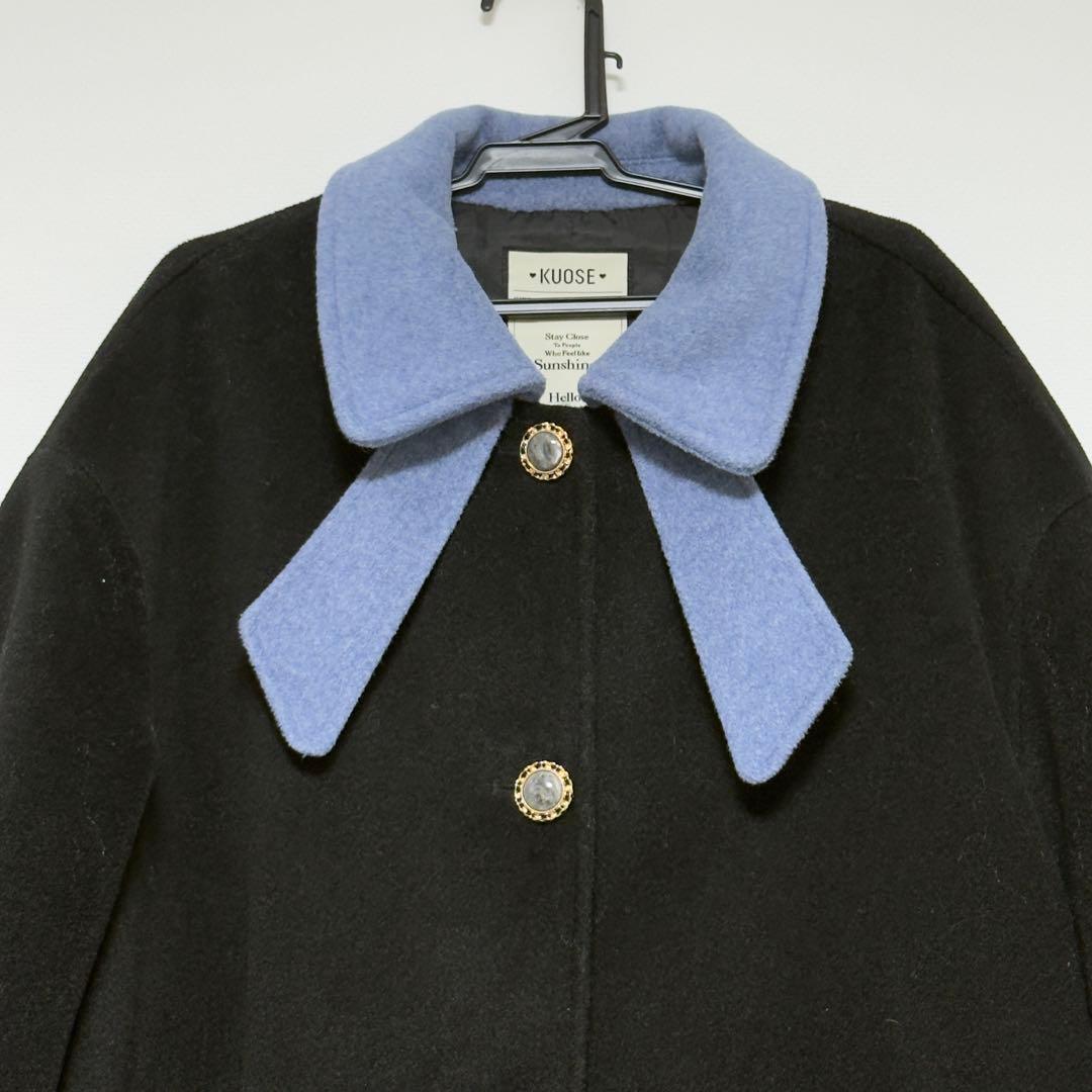 KUOSE ボウカラーコート　リボンカラーコート　バイカラー　S水色　黒　正規品