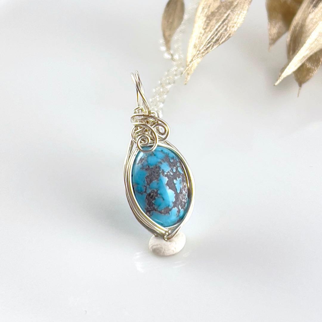 12月の誕生石SV925スパイダーターコイズ ワイヤーラッピングペンダントトップ