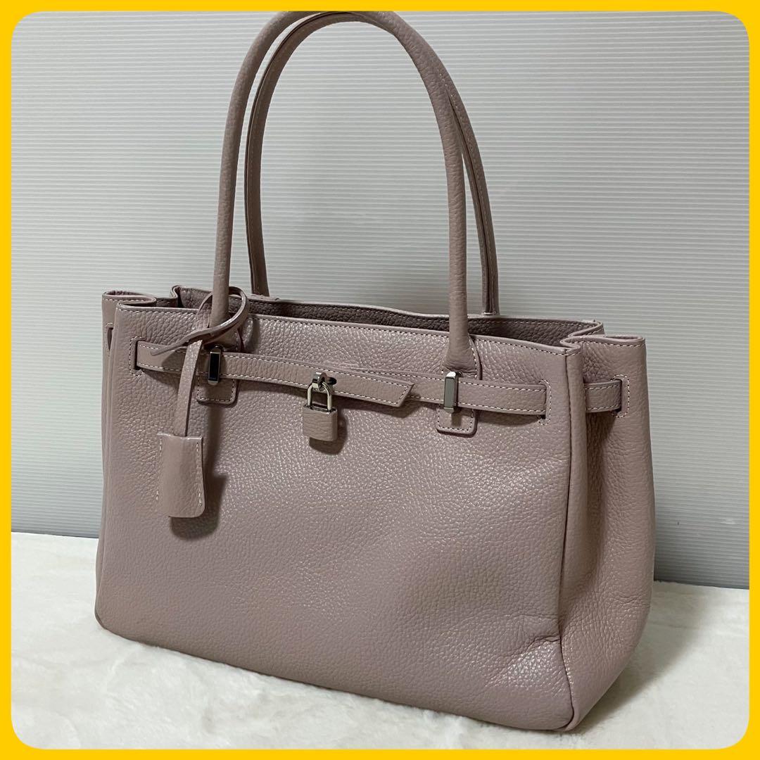 美品 傳濱野 ミーティア トート バッグ シボ革 ピンクベージュ 鍵 ビジネス