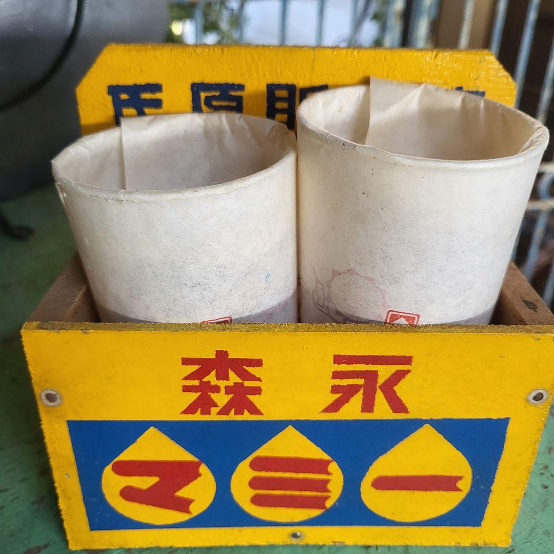 昭和レトロ　森永配達用木箱&販促品グラス2点