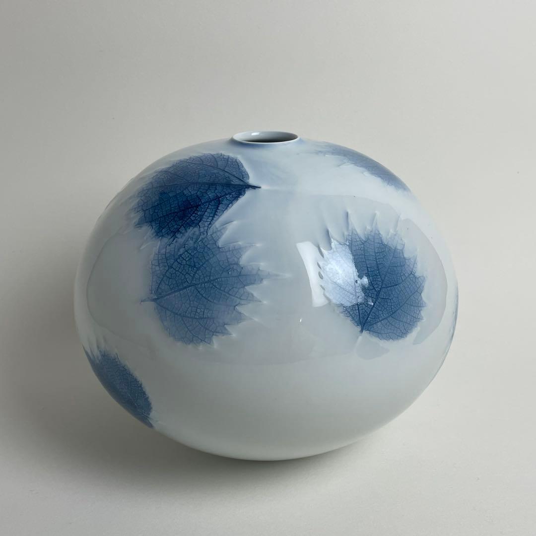京都 有田 名工 藤井朱明 若葉図 壺 花瓶 花器 陶芸日展作家