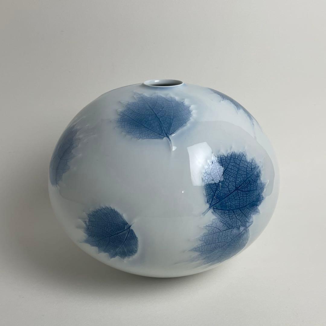 京都 有田 名工 藤井朱明 若葉図 壺 花瓶 花器 陶芸日展作家