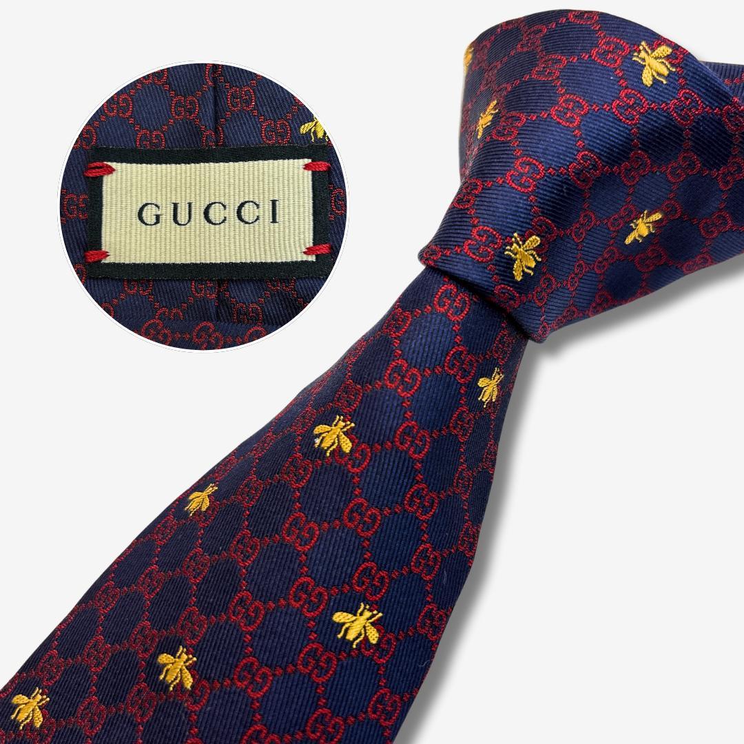 GUCCI シルクネクタイ GG柄 蜂 刺繍 ネイビー