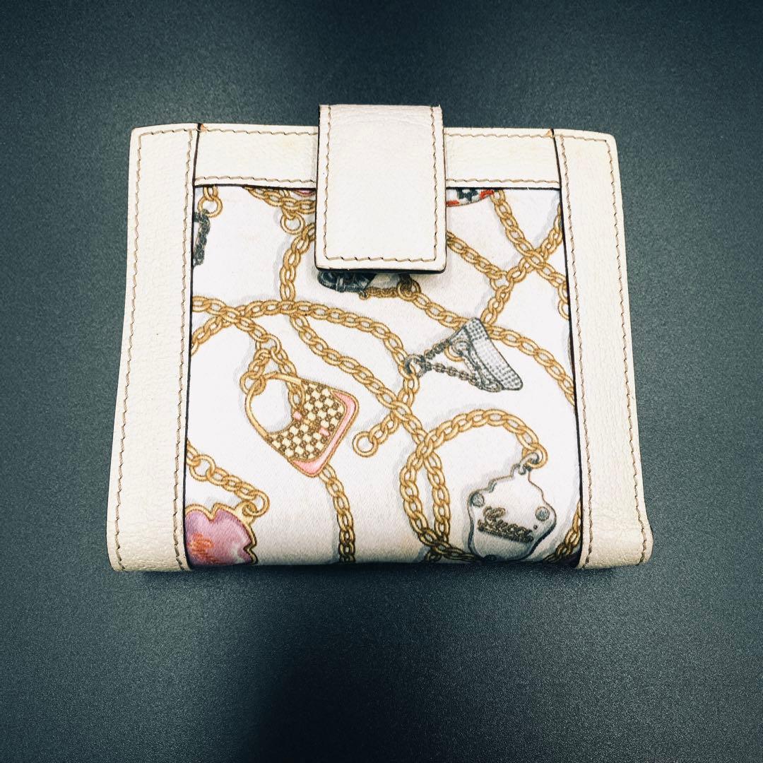 美品＊グッチ ホワイトレザー 二つ折り財布 チェーンマルチカラーデザイン