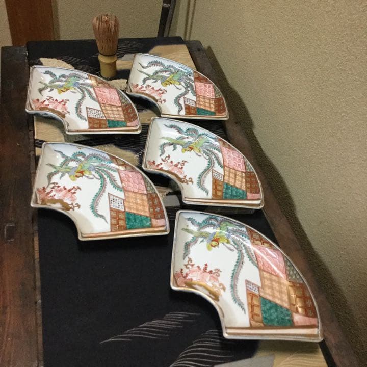 古伊万里　絵皿　金欄色絵　鳳凰桐紋　富貴長春　5客　江戸　大聖寺・九谷焼好きも