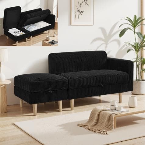 ソファ 2人掛け 収納付き オットマン付き ファブリック 肘掛け 木脚外し可能