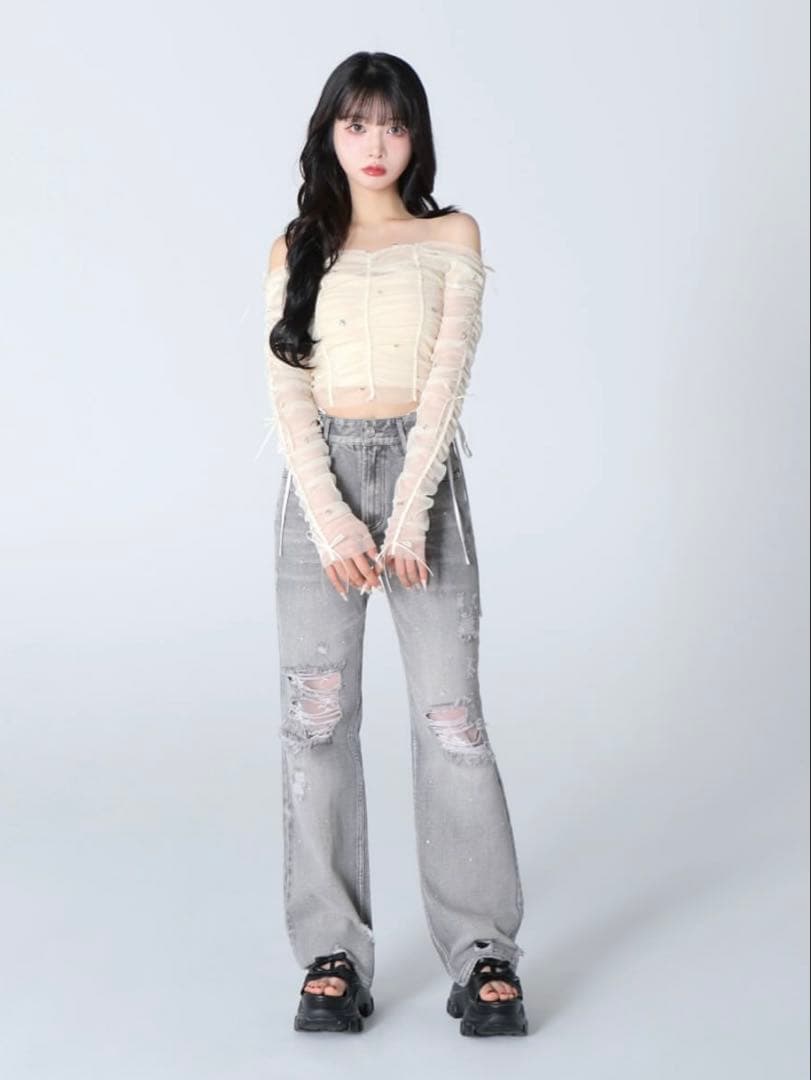 【A♡】m.me.eme エムエメ サイドリボンオフショルダートップス