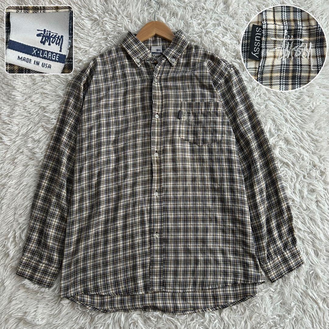 超稀少美品 90年 オールドステューシー 刺繍 チェックシャツ 紺タグ USA製