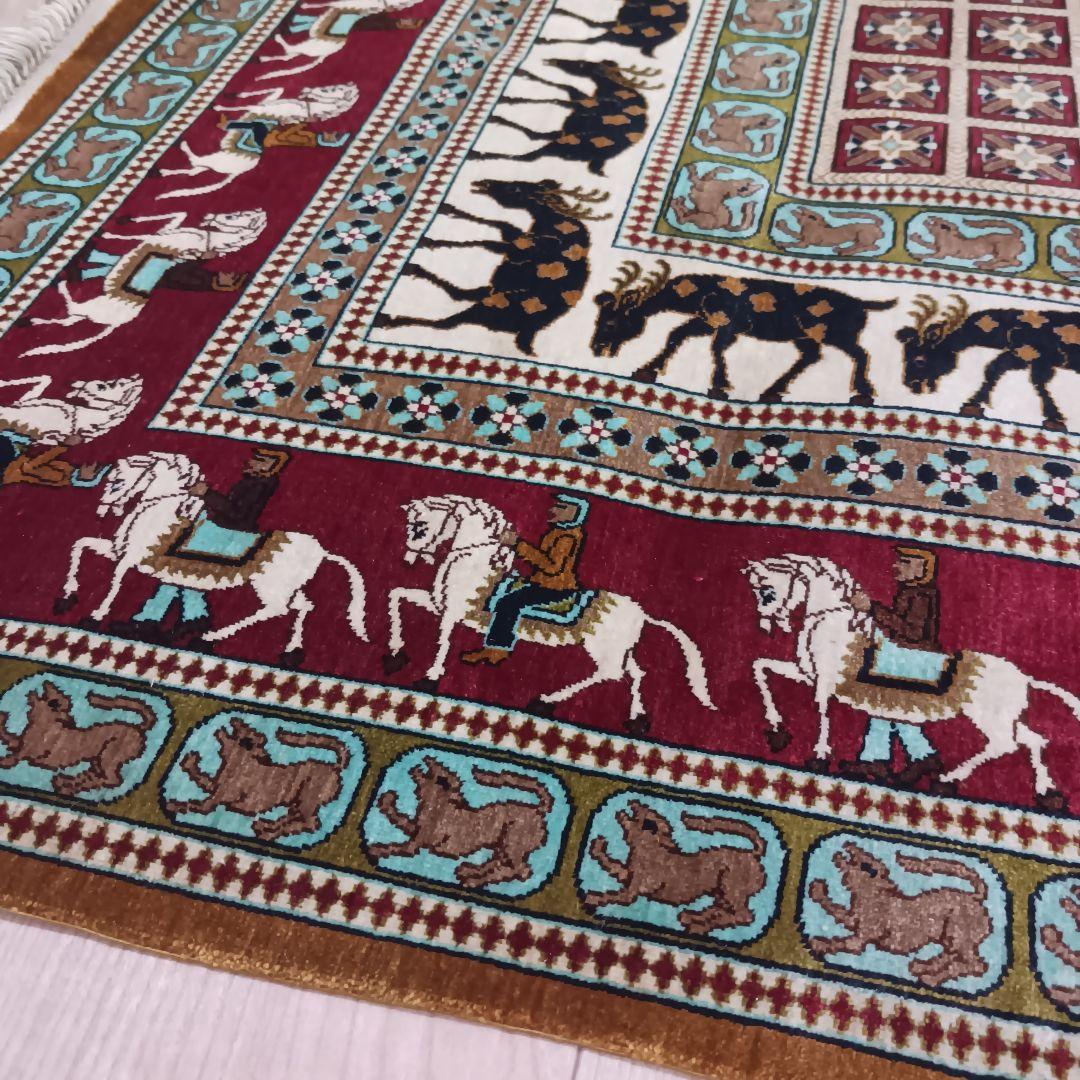 Y3130 ペルシャ絨毯 クム産 パジリク文様 シルク100％ 手織り　ma