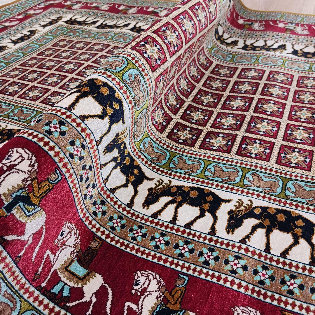 Y3130 ペルシャ絨毯 クム産 パジリク文様 シルク100％ 手織り　ma