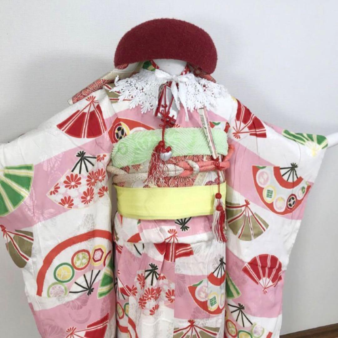 アンティーク着物　扇　古典　ピンク系　きもの帯他小物付き