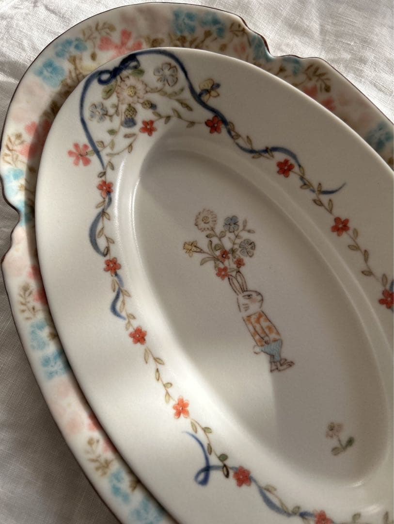 新品未使用❀　中川洋子　オーバルプレート　絵付け皿　陶芸作家　益子焼　花リム