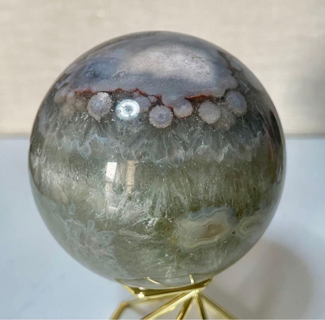 グリーンフラワーアゲート 辰砂入 クリスタル共生 水晶スフィア グリーン 結晶