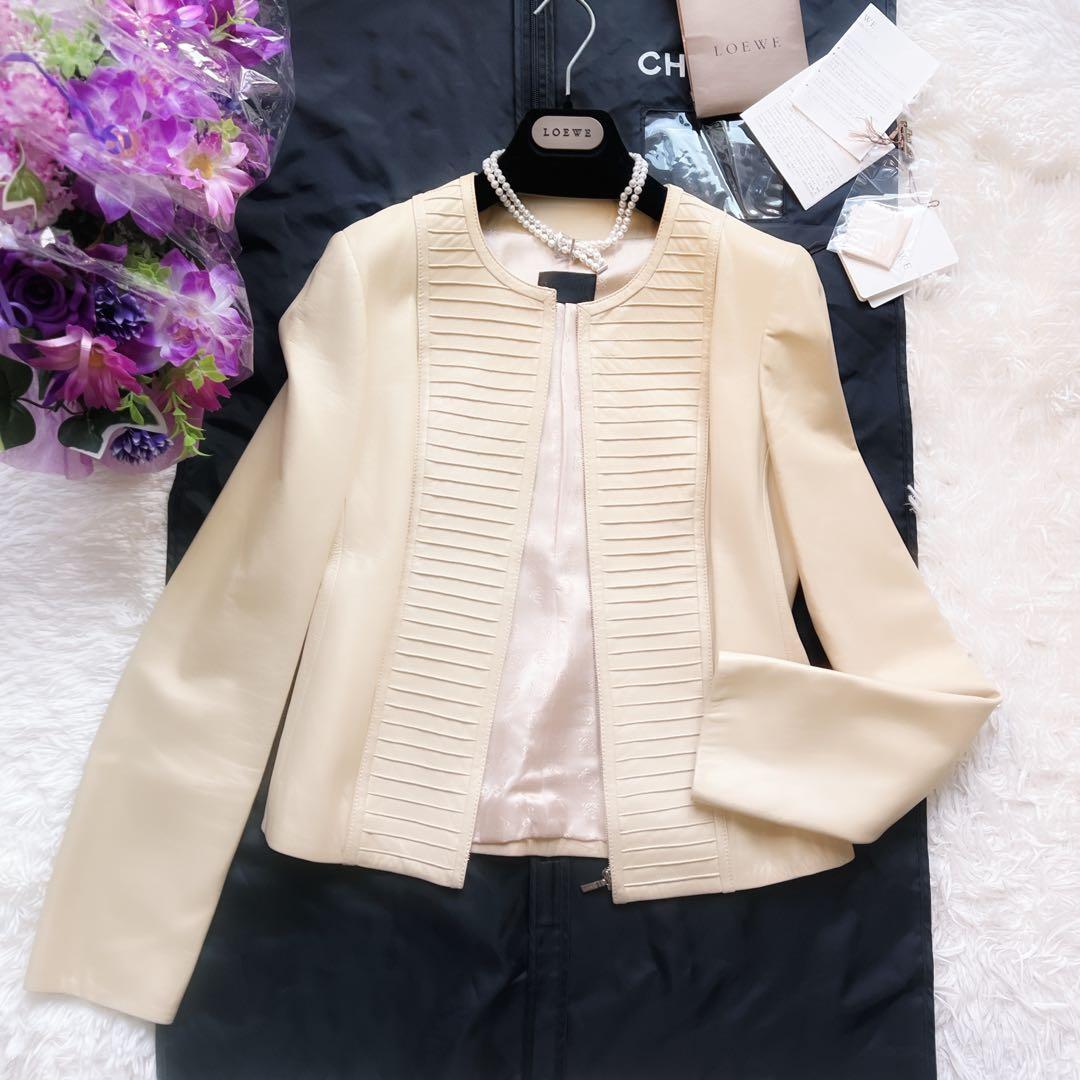 極美品　LOEWEロエベ レザー本革　ジャケット ノーカラー　ベージュ　ブルゾン