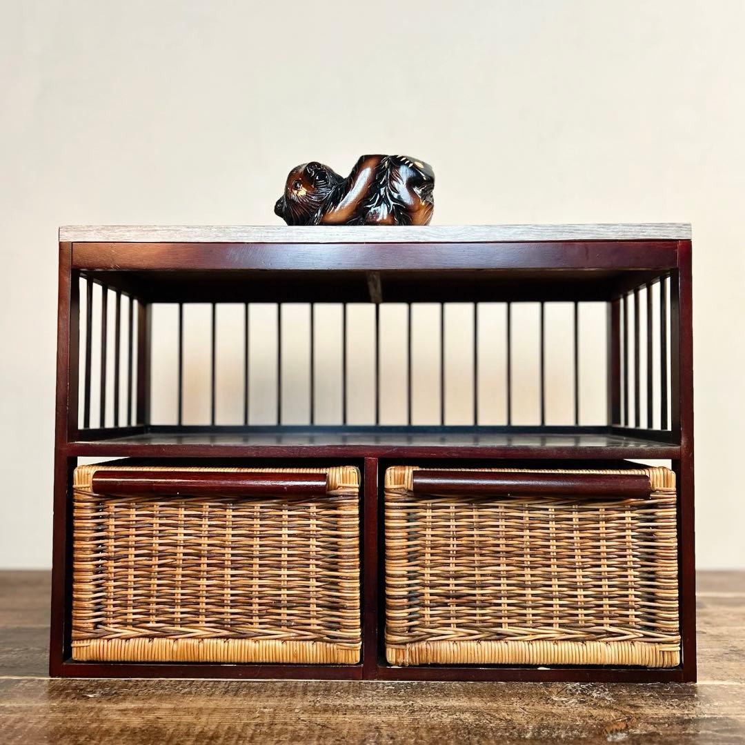 木製収納棚 籐バスケット2点付き ローボード 古家具