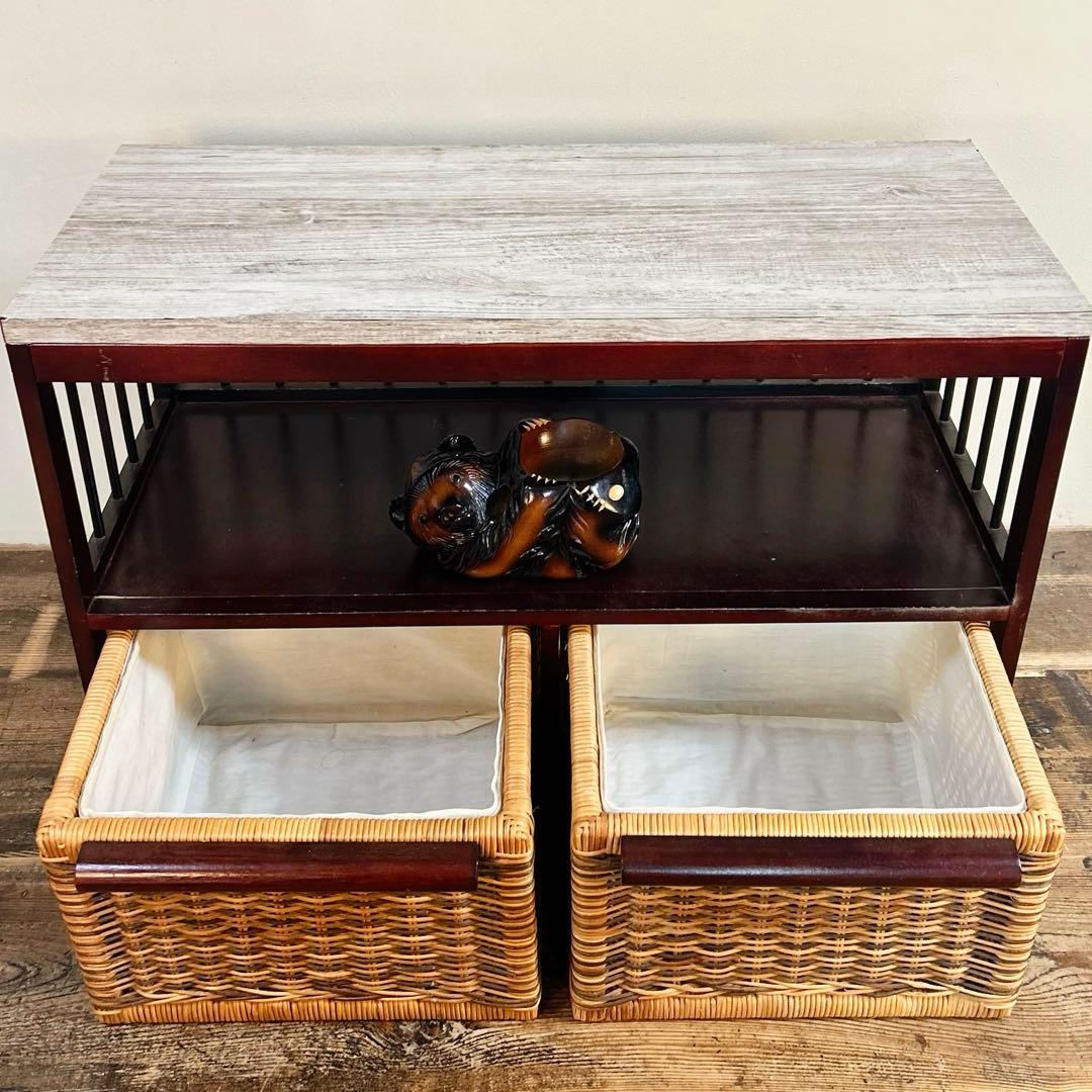 木製収納棚 籐バスケット2点付き ローボード 古家具