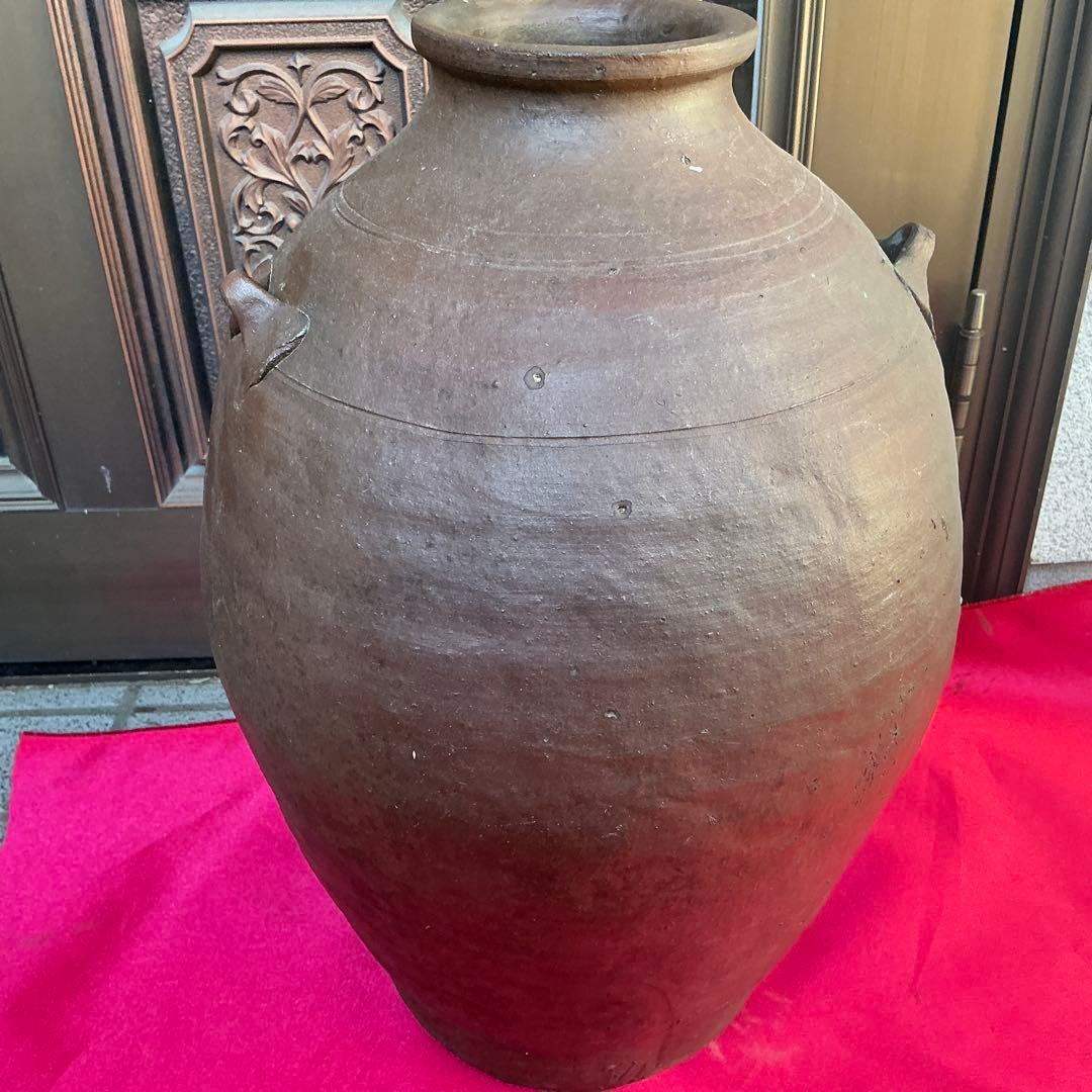 備前焼　茶色　陶器製　花瓶　備前窯　『中壺』　耳有り