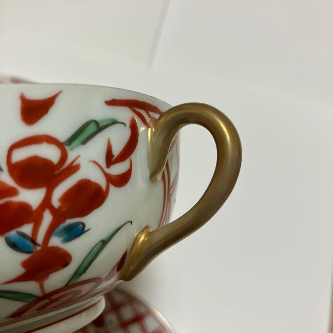 有田焼 福泉窯 手書き 赤絵 未使用 3客 スープカップ ソーサー
