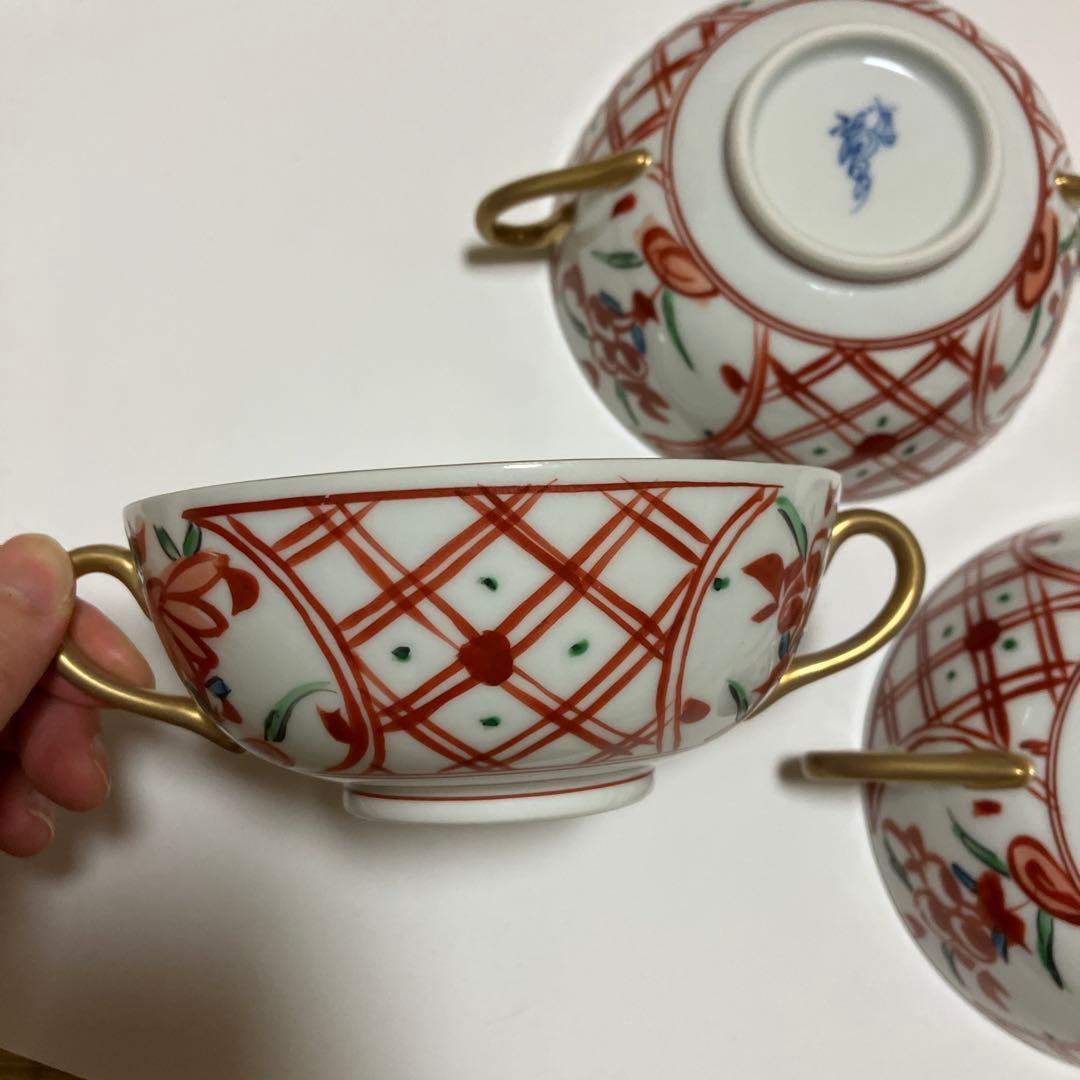 有田焼 福泉窯 手書き 赤絵 未使用 3客 スープカップ ソーサー